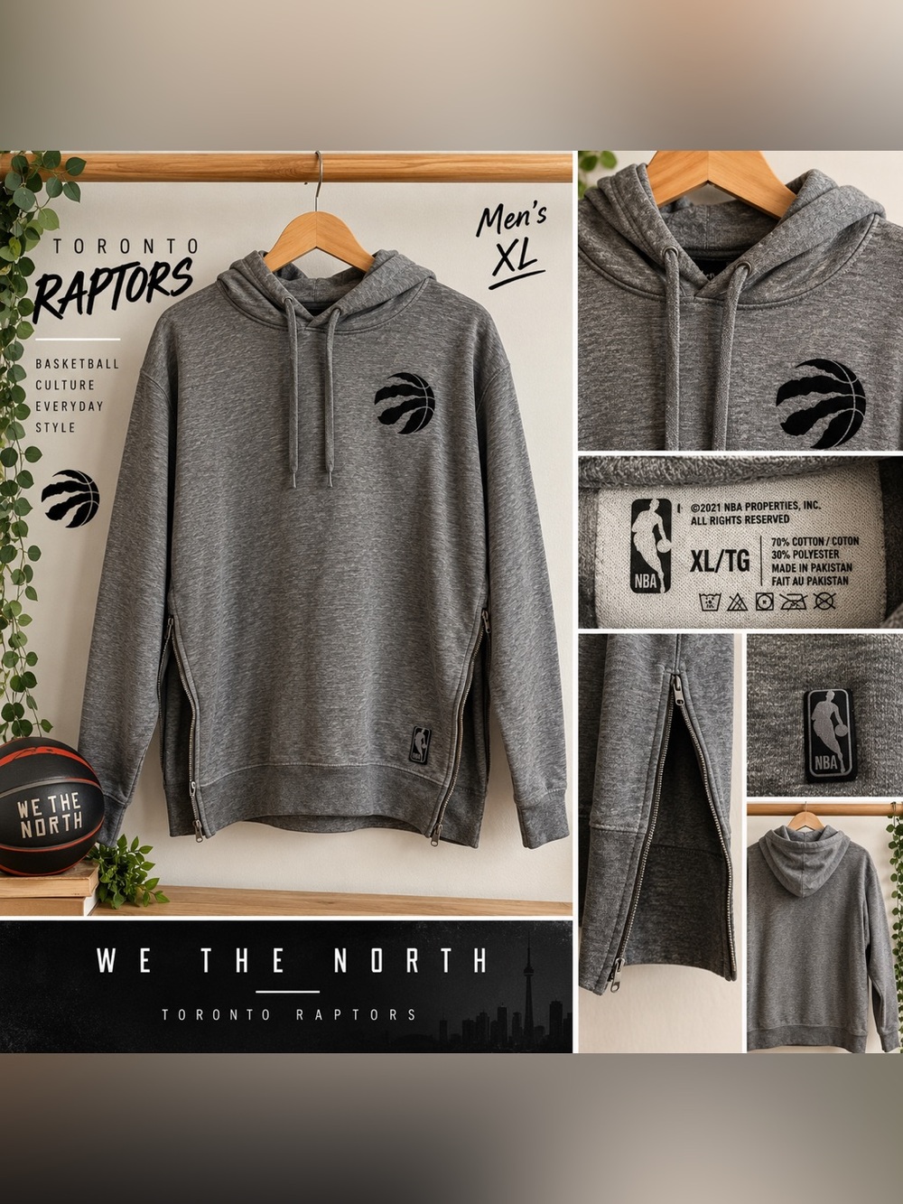 NBA Toronto Raptors Men’s XL Grey Side Zip Pullover Hoodie